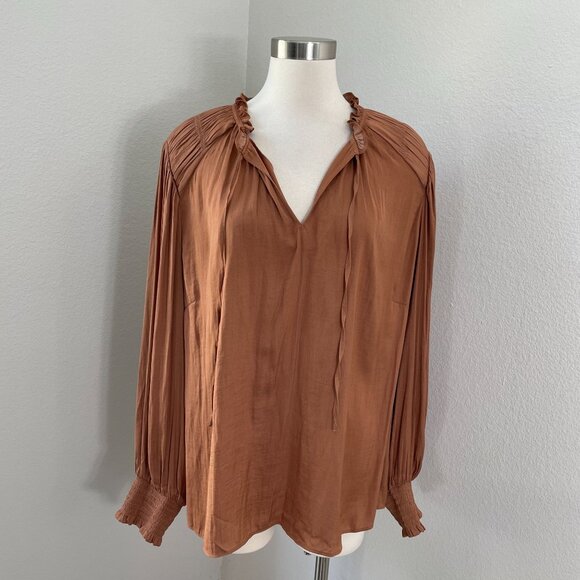 Joie Womens Plus 2X Rust Orange Long Sleeve Ruffle Neck Blouse Top Satin Shirt - Picture 1 of 11
